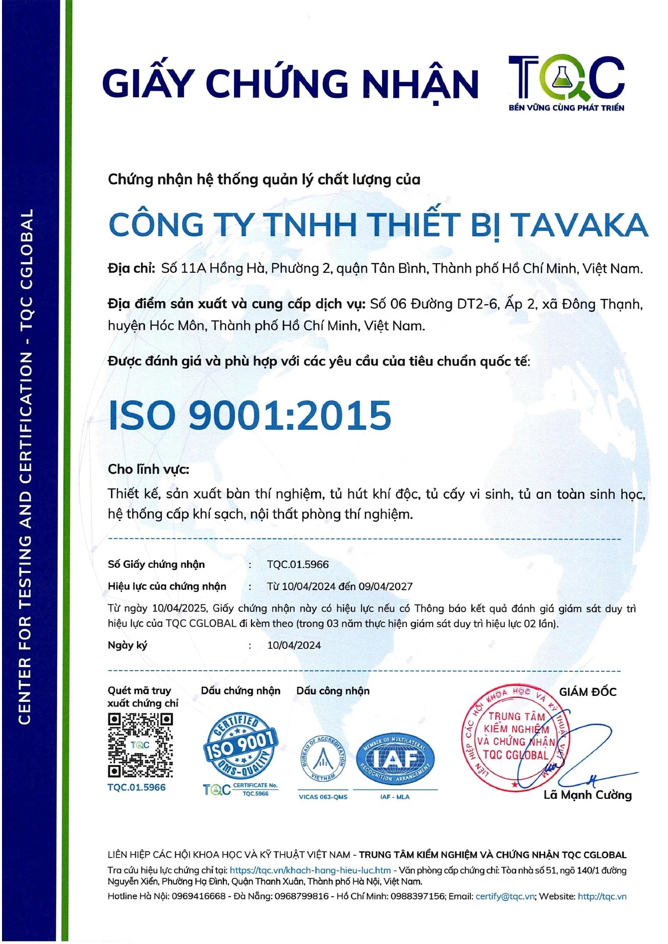 Chứng nhận ISO của Công ty TNHH Thiết bị Tavaka