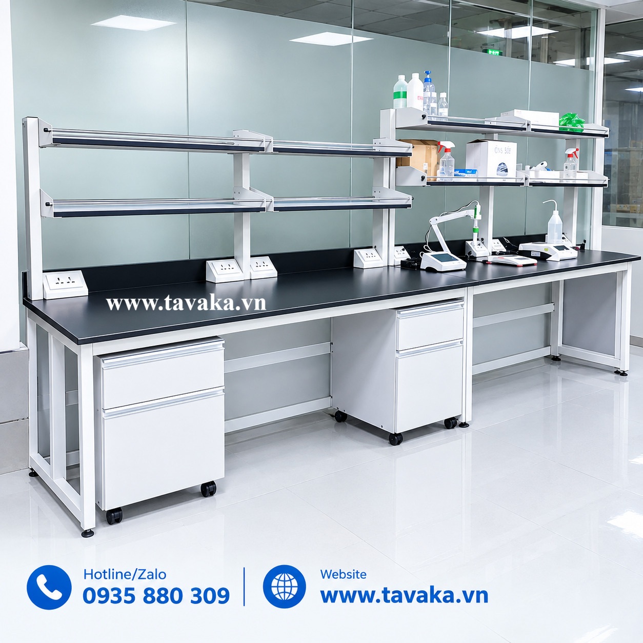Bàn thí nghiệm áp tường có hộc tủ di động Tavaka