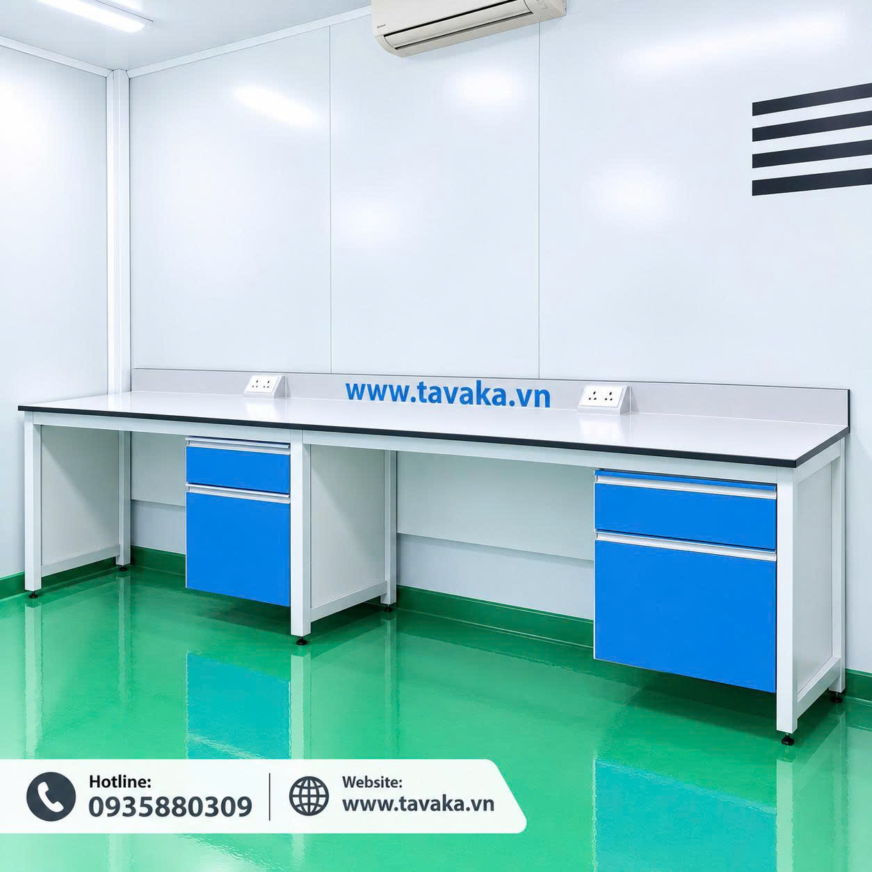 Bàn thí nghiệm áp tường có hộc tủ treo Tavaka