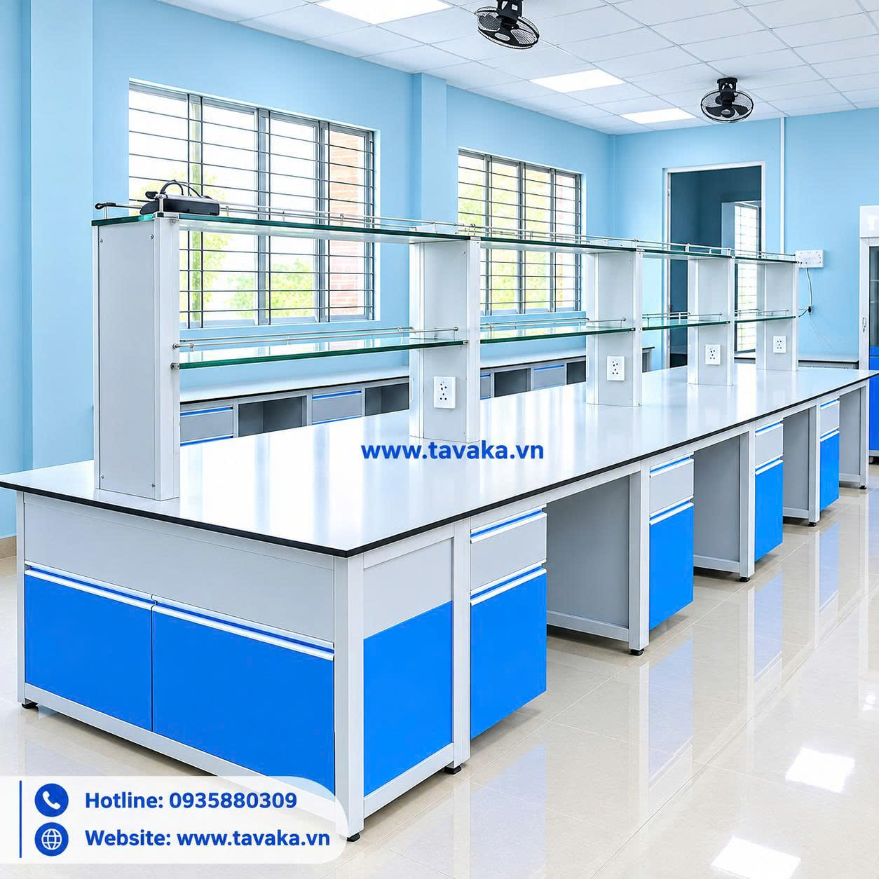 Bàn thí nghiệm trung tâm có hộc tủ treo Tavaka